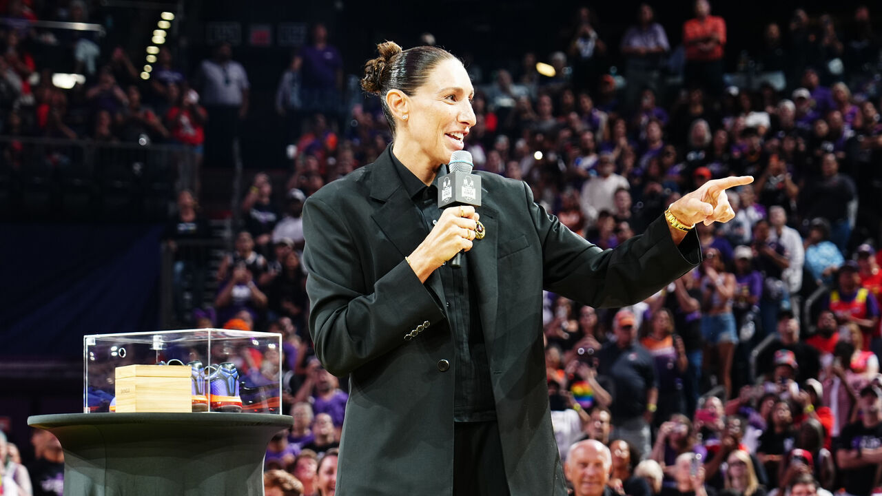 PHOENIX, AZ - AUGUST 16: Diana Taurasi is honored during her jersey retirement halftime ceremony between the Portland Fire and Phoenix Mercury on August 16, 2026 at Mortgage Matchup Center in Phoenix, Arizona. Mandatory Copyright Notice: Copyright 2026 NBAE