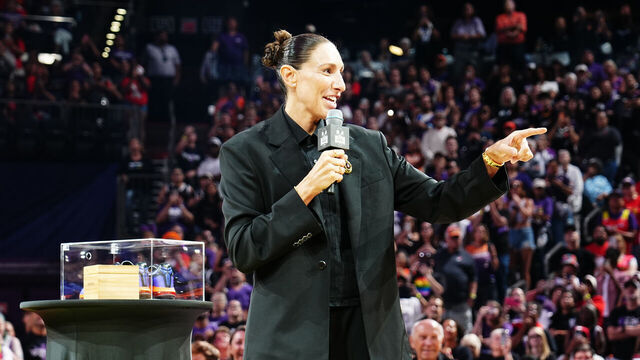 PHOENIX, AZ - AUGUST 16: Diana Taurasi is honored during her jersey retirement halftime ceremony between the Portland Fire and Phoenix Mercury on August 16, 2026 at Mortgage Matchup Center in Phoenix, Arizona. Mandatory Copyright Notice: Copyright 2026 NBAE