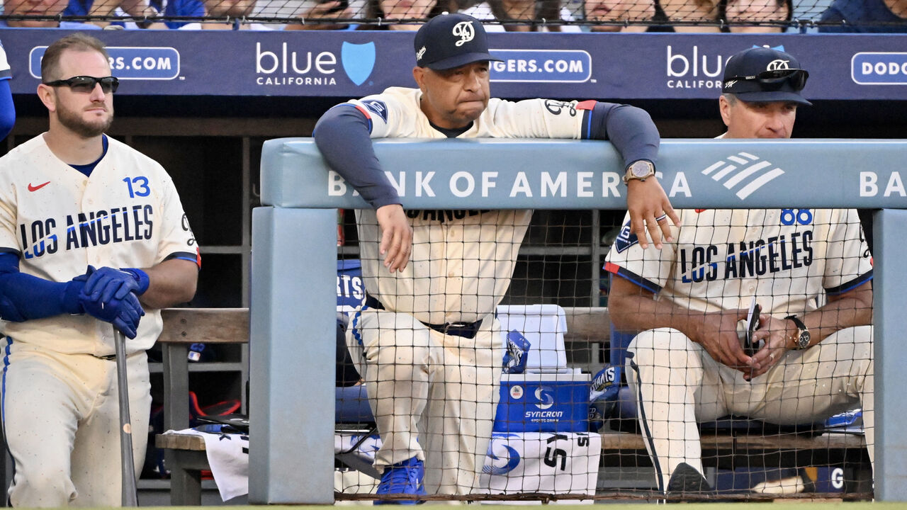 Los Angeles, - August 15: Manager Dave Roberts #30 of the Los Angeles Dodgers looks on against the Milwaukee Brewers in the eighth inning of a baseball game at Dodger Stadium in Los Angeles on Saturday, August 15, 2026.