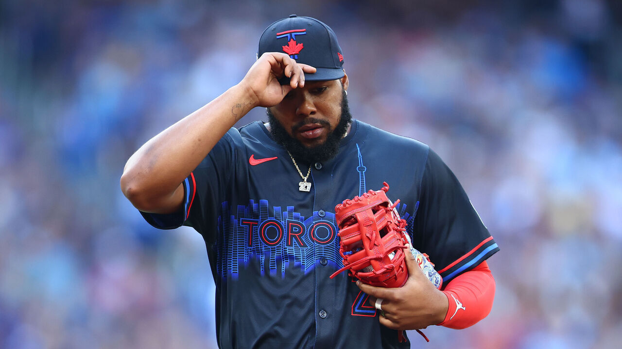 TORONTO, ON - AUGUST 14: Vladimir Guerrero Jr. #27 of the Toronto Blue Jays tips his hat before a game against the New York Yankees at Rogers Centre on August 14, 2026 in Toronto, Ontario, Canada.