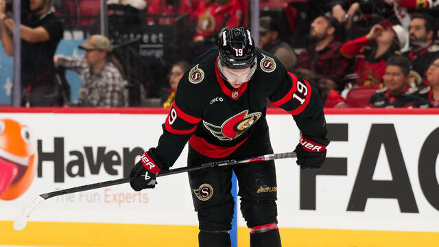 OTTAWA, CANADA - APRIL 25: Drake Batherson #19 of the Ottawa Senators looks on dejected against the Carolina Hurricanes in Game Four of the First Round of the 2026 Stanley Cup Playoffs at Canadian Tire Centre on April 25, 2026 in Ottawa, Canada.