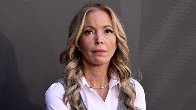 Los Angeles, CA - February 22: Jeanie Buss during the statue unveiling for former Lakers coach Pat Riley in Star Plaza in front of Crypto.com Arena in Los Angeles on Sunday, February 22, 2026. Riley won 4 championships as Lakers head coach.