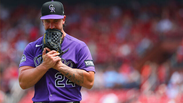 ST LOUIS, MISSOURI - AUGUST 9: Michael Lorenzen #24 of the Colorado Rockies expresses his frustration on his way back to the dugout against the St. Louis Cardinals in the second inning at Busch Stadium on August 9, 2026 in St Louis, Missouri.