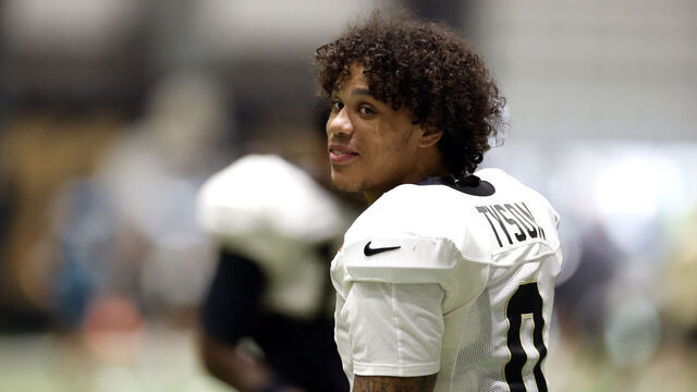 METAIRIE, LOUISIANA - AUGUST 13: Jordyn Tyson #0 of the New Orleans Saints participates in drills during a joint practice at Ochsner Sports Performance Center on August 13, 2026 in Metairie, Louisiana.