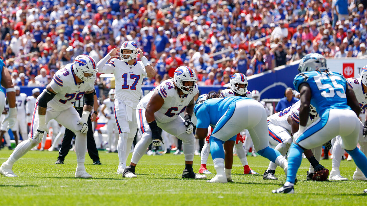 ORCHARD PARK, NEW YORK - AUGUST 15: Josh Allen #17 of the Buffalo Bills calls a play during the first quarter of a preseason game against the Carolina Panthers at Highmark Stadium on August 15, 2026 in Orchard Park, New York.