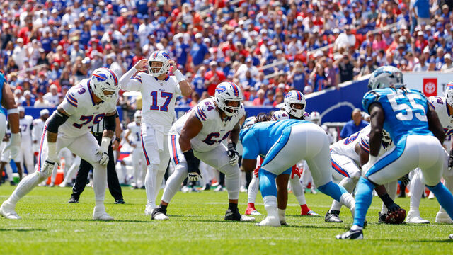 ORCHARD PARK, NEW YORK - AUGUST 15: Josh Allen #17 of the Buffalo Bills calls a play during the first quarter of a preseason game against the Carolina Panthers at Highmark Stadium on August 15, 2026 in Orchard Park, New York.