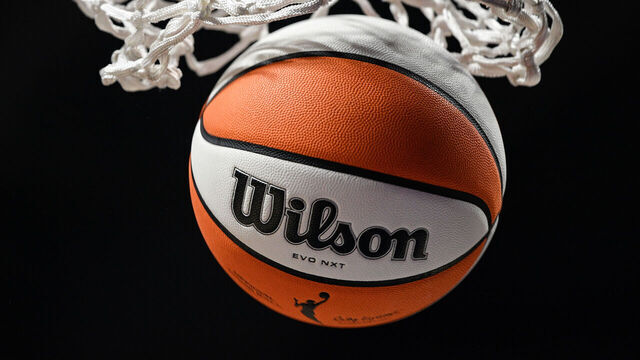 UNCASVILLE, CT - JUNE 28: A detail view of the Wilson logo on a basketball after the ball went through the net during a WNBA game between the Atlanta Dream and the Connecticut Sun on June 28, 2024, at Mohegan Sun Arena in Uncasville, CT.