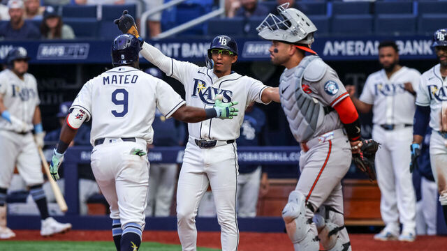ST. PETERSBURG, FL - AUGUST 17: Richie Palacios #1 of the Tampa Bay Rays celebrates a home run by Jorge Mateo #9 against the Baltimore Orioles during the fourth inning of the baseball game at Tropicana Field on August 17, 2026 in St. Petersburg, Florida.