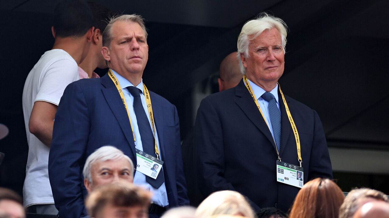EAST RUTHERFORD, NEW JERSEY - JULY 13: Todd Boehly, Chairman of Chelsea (L) and co-owner Mark Walter during the FIFA Club World Cup 2025 final match between Chelsea FC and Paris Saint-Germain at MetLife Stadium on July 13, 2025 in East Rutherford, United States.