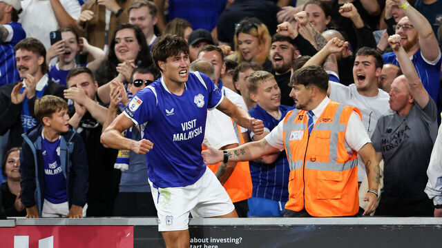 CARDIFF, WALES - AUGUST 17: Rubin Colwill of Cardiff City celebrates their first goal with his team mates and the fans during the Sky Bet Championship 2026/27 match between Cardiff City and Wrexham at Cardiff City Stadium on August 17, 2026 in Cardiff, Wales.