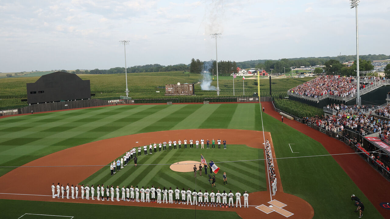 DYERSVILLE, IOWA - AUGUST 13: A general view during the National Anthem prior to a game between the Philadelphia Phillies and the Minnesota Twins at Field of Dreams on August 13, 2026 in Dyersville, Iowa.