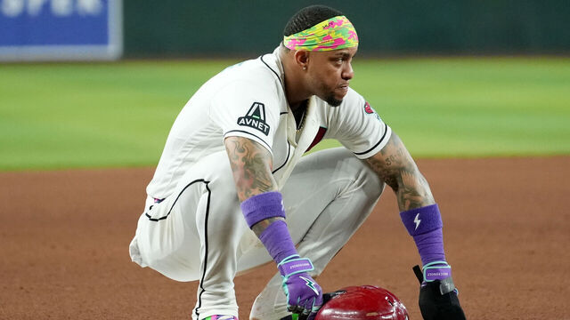 PHOENIX, AZ - AUGUST 12: Ketel Marte #4 of the Arizona Diamondbacks looks on at third base during the game between the Colorado Rockies and the Arizona Diamondbacks at Chase Field on Wednesday, August 12, 2026 in Phoenix, Arizona.