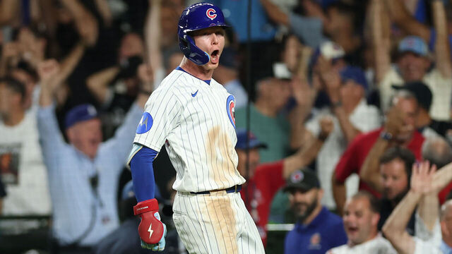 CHICAGO, ILLINOIS - AUGUST 17: Pete Crow-Armstrong #4 of the Chicago Cubs celebrates after hitting a two-run walk-off home run during the tenth inning against the Chicago White Sox at Wrigley Field on August 17, 2026 in Chicago, Illinois.