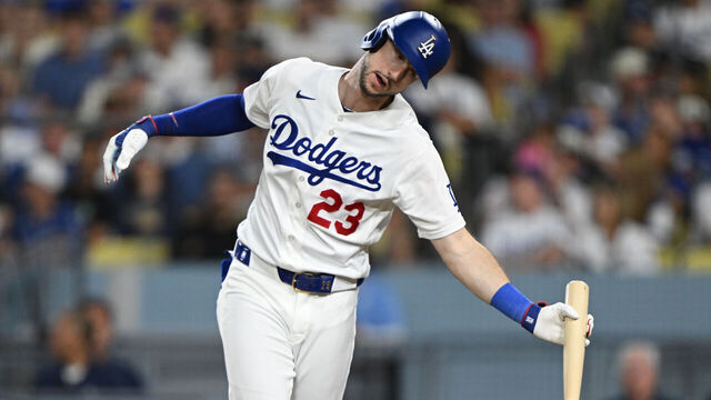 Los Angeles, CA - August 14:Dodgers Kyle Tucker (23) strikes out swinging during 8th inning action at Dodger Stadium on Friday, August 14, 2026. The Dodgers defeated the Brewers 3-1.