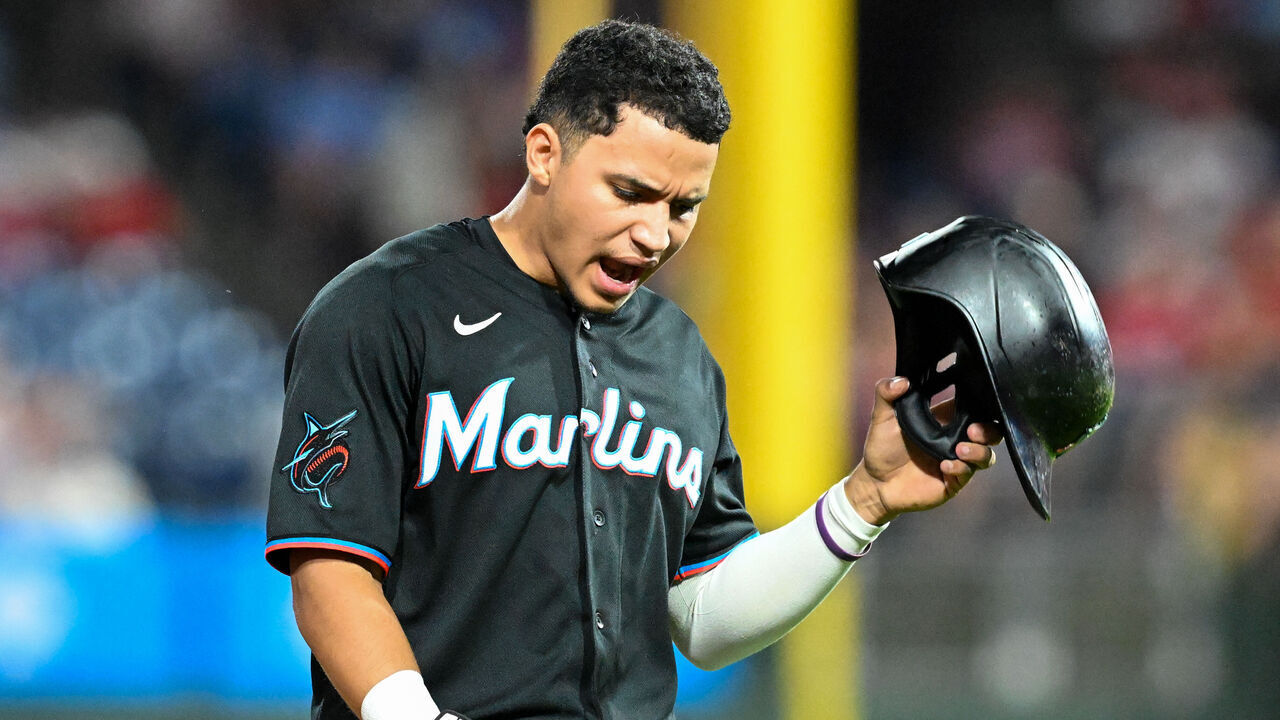 PHILADELPHIA, PA - AUGUST 17: Miami Marlins third baseman Javier Sanoja #8 reacts to the umpires foul ball decision during the game between the Philadelphia Phillies and the Miami Marlins on August 17th 2026 at Citizens Bank Park in Philadelphia, PA.