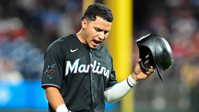 PHILADELPHIA, PA - AUGUST 17: Miami Marlins third baseman Javier Sanoja #8 reacts to the umpires foul ball decision during the game between the Philadelphia Phillies and the Miami Marlins on August 17th 2026 at Citizens Bank Park in Philadelphia, PA.