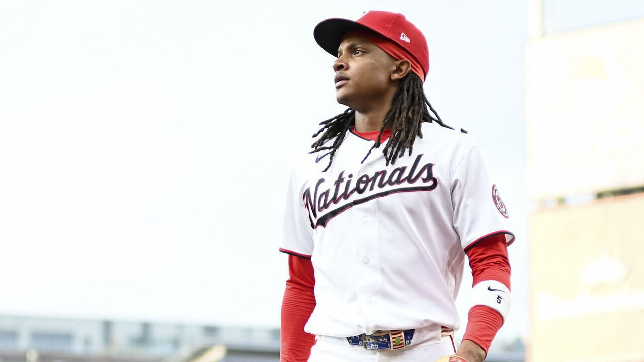 WASHINGTON, DC - AUGUST 12: CJ Abrams #5 of the Washington Nationals looks on prior to the game between the Chicago Cubs and the Washington Nationals at Nationals Park on Wednesday, August 12, 2026 in Washington, District of Columbia.