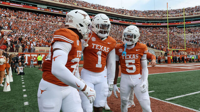 AUSTIN, TX - NOVEMBER 01: Defensive end Colin Simmons #1 of the Texas Longhorns celebrates with teammates after a fumble recovery during the SEC college football between Texas Longhorns and Vanderbilt Commodores on November 1, 2025, at Darrell K Royal-Texas Memorial Stadium in Austin, TX.