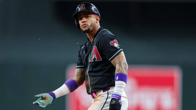PHOENIX, ARIZONA - AUGUST 8: Ketel Marte #4 of the Arizona Diamondbacks looks on as he takes his lead from first base during the sixth inning of a game against the Los Angeles Dodgers at Chase Field on August 8, 2026 in Phoenix, Arizona.