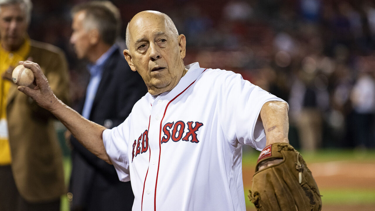 BOSTON, MA - SEPTEMBER 8: ESPN founder Bill Rasmussen warms up before throwing out a ceremonial first pitch before a game between the Boston Red Sox and the New York Yankees on September 8, 2019 at Fenway Park in Boston, Massachusetts.