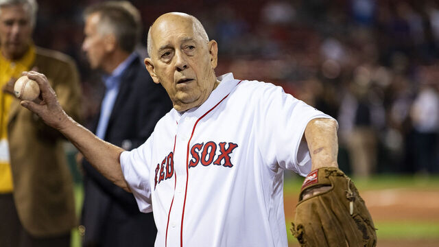 BOSTON, MA - SEPTEMBER 8: ESPN founder Bill Rasmussen warms up before throwing out a ceremonial first pitch before a game between the Boston Red Sox and the New York Yankees on September 8, 2019 at Fenway Park in Boston, Massachusetts.