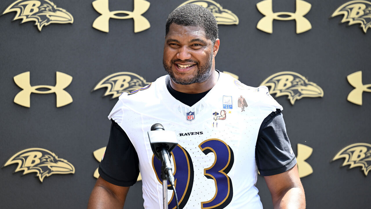 OWINGS MILLS, MARYLAND - JUNE 09: Calais Campbell #93 of the Baltimore Ravens talks to the media after Baltimore Ravens Mandatory Minicamp at Under Armour Performance Center on June 09, 2026 in Owings Mills, Maryland.