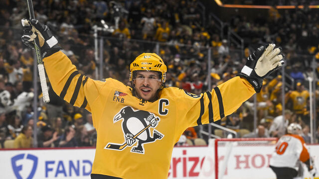 PITTSBURGH, PA - APRIL 27: Pittsburgh Penguins center Sidney Crosby (87) celebrates a goal by Pittsburgh Penguins center Connor Dewar (19) (not pictured) during the second period in Game Five of the 2026 Stanley Cup Playoffs First Round between the Philadelphia Flyers and the Pittsburgh Penguins on April 27, 2026, at PPG Paints Arena in Pittsburgh, PA.
