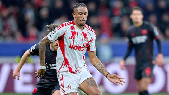 LEVERKUSEN, GERMANY - FEBRUARY 24: Andre Luiz (17) of Olympiacos FC makes pass during the UEFA Champions League 2025/26 League Knockout Play-off Second Leg match between Bayer 04 Leverkusen and Olympiacos FC at BayArena on February 24, 2026 in Leverkusen, Germany.