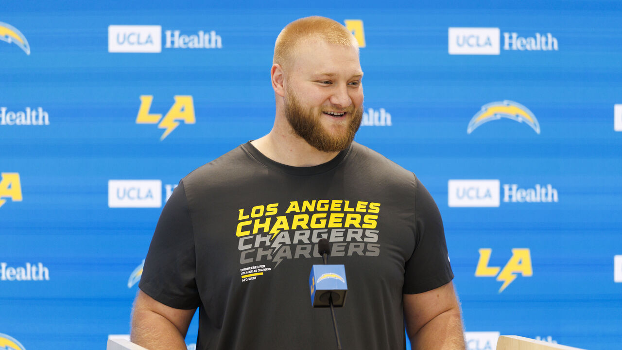 EL SEGUNDO, CALIFORNIA - APRIL 20: Tyler Biadasz of the Los Angeles Chargers addresses members of the media during a press conference after offseason workouts at The Bolt on April 20, 2026 in El Segundo, California.