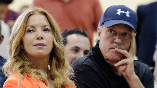 EL SEGUNDO, CA - AUGUST 10: Jim Buss and his sister Jeanie Buss of the Los Angeles Lakers attend a news conference where Dwight Howard was introduced as the newest member of the team at the Toyota Sports Center on August 10, 2012 in El Segundo, California. The Lakers acquired Howard from Orlando Magic in a four-team trade. In addition Lakers will receive Chris Duhon and Earl Clark from the Magic.