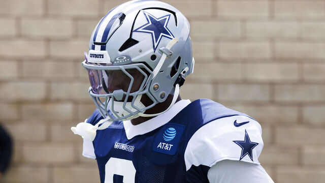 OXNARD, CALIFORNIA - AUGUST 3: Donovan Ezeiruaku #6 of the Dallas Cowboys walks onto the field during training camp at River Ridge Playing Fields on August 3, 2026 in Oxnard, California.