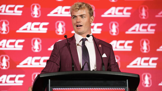 CHARLOTTE, NORTH CAROLINA - JULY 15: Quarterback Davis Warren #8 of the Stanford Cardinal speaks at the ACC Kickoff media days at Hilton Charlotte Uptown on July 15, 2026 in Charlotte, North Carolina.