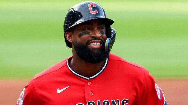 CLEVELAND, OH - AUGUST 18: Cleveland Guardians right fielder Jo Adell (7) crosses the plate after hitting a 3-run home run during the first inning of the Major League Baseball interleague game between the San Francisco Giants and Cleveland Guardians on August 18, 2026, at Progressive Field in Cleveland, OH.