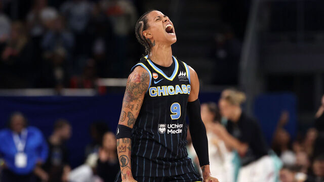 CHICAGO, ILLINOIS - AUGUST 18: Natasha Cloud #9 of the Chicago Sky celebrates during the second half against the New York Liberty at Wintrust Arena on August 18, 2026 in Chicago, Illinois.