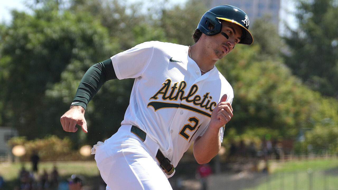 SACRAMENTO, CALIFORNIA - AUGUST 12: Tyler Soderstrom #21 of the Athletics runs the bases against the Tampa Bay Rays in the bottom of the first inning of a major league baseball game at Sutter Health Park on August 12, 2026 in Sacramento, California.
