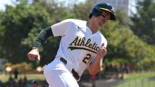 SACRAMENTO, CALIFORNIA - AUGUST 12: Tyler Soderstrom #21 of the Athletics runs the bases against the Tampa Bay Rays in the bottom of the first inning of a major league baseball game at Sutter Health Park on August 12, 2026 in Sacramento, California.