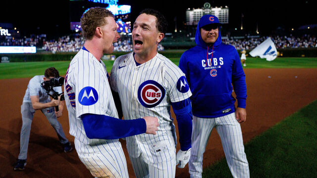 CHICAGO, ILLINOIS - AUGUST 18: Alex Bregman #3 of the Chicago Cubs celebrates a walk-off RBI single with Pete Crow-Armstrong #4 in the bottom of the ninth inning of a game against the Chicago White Sox at Wrigley Field on August 18, 2026 in Chicago, Illinois.