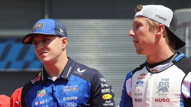 Isack Hadjar of Red Bull Racing and Liam Lawson of Racing Bulls ahead of the Formula 1 Hungarian Grand Prix at Hungaroring in Budapest, Hungary on July 26, 2026.
