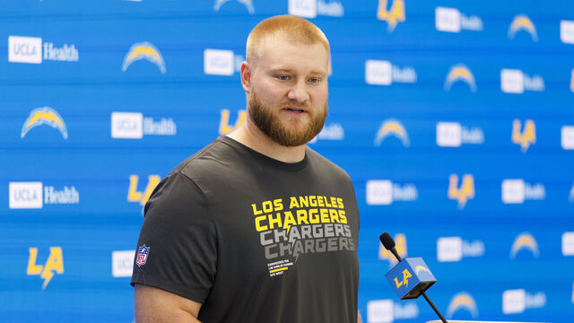 EL SEGUNDO, CALIFORNIA - APRIL 20: Tyler Biadasz of the Los Angeles Chargers addresses members of the media during a press conference after offseason workouts at The Bolt on April 20, 2026 in El Segundo, California.