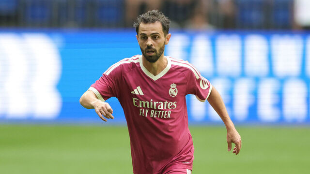 GELSENKIRCHEN, GERMANY - AUGUST 16: Bernardo Silva of Real Madrid plays the ball during the Pre-Season Friendly match between FC Schalke 04 and Real Madrid at Veltins Arena on August 16, 2026 in Gelsenkirchen, Germany. (Photo by Jürgen Fromme - firo sportphoto/Getty Images