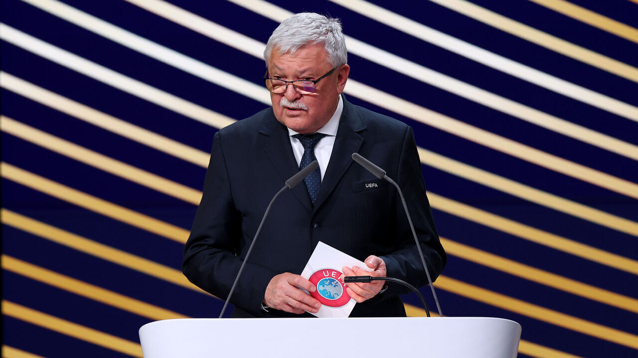 BRUSSELS, BELGIUM - FEBRUARY 12: Sandor Csanyi, FIFA Vice-President and UEFA Treasurer, speaks during the 50th UEFA Ordinary Congress Meeting at Brussels Expo on February 12, 2026 in Brussels, Belgium.