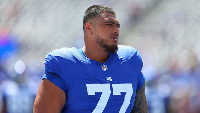 EAST RUTHERFORD, NJ - AUGUST 15: Daniel Faalele #77 of the New York Giants prior to the pre-season game against the Minnesota Vikings on August 15, 2026 at MetLife Stadium in East Rutherford, New Jersey.