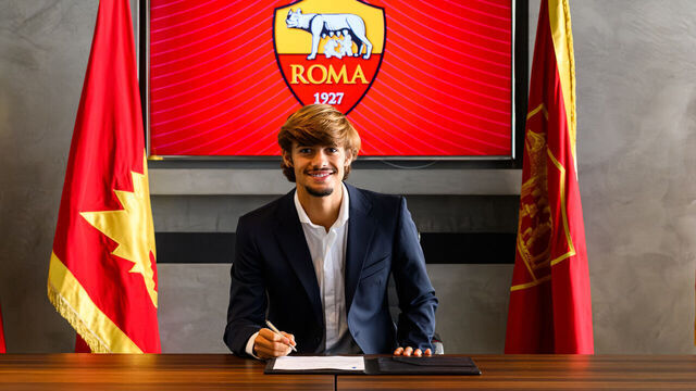 ROME, ITALY - AUGUST 19: The player Rodrigo Mora signs a contract with the Club at Centro Sportivo Fulvio Bernardini on August 19, 2026 in Rome, Italy.