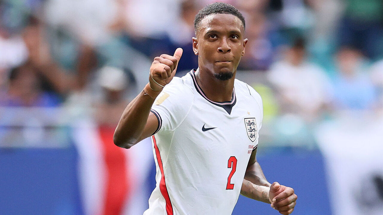 MIAMI GARDENS, FLORIDA - JULY 18: Ezri Konsa #2 of England celebrates scoring his team's second goal during the FIFA World Cup 2026 Bronze Final between France and England at Miami Stadium on July 18, 2026 in Miami Gardens, Florida.