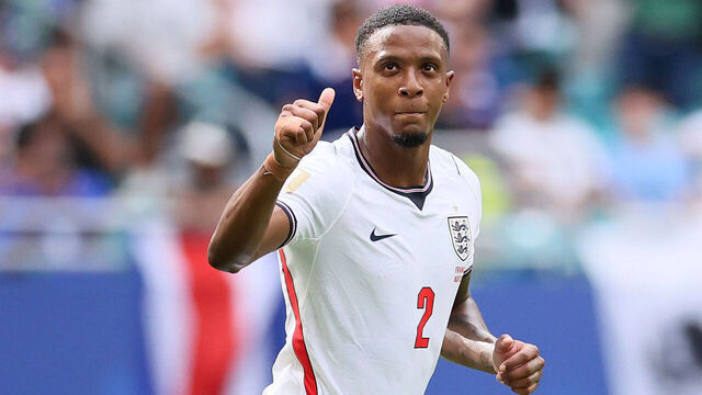 MIAMI GARDENS, FLORIDA - JULY 18: Ezri Konsa #2 of England celebrates scoring his team's second goal during the FIFA World Cup 2026 Bronze Final between France and England at Miami Stadium on July 18, 2026 in Miami Gardens, Florida.
