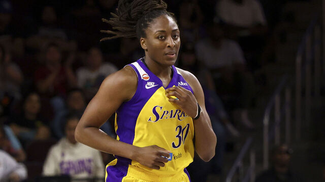 LOS ANGELES, CALIFORNIA - AUGUST 11: Nneka Ogwumike #30 of the Los Angeles Sparks looks on during the fourth quarter against the Phoenix Mercury at Galen Center on August 11, 2026 in Los Angeles, California.