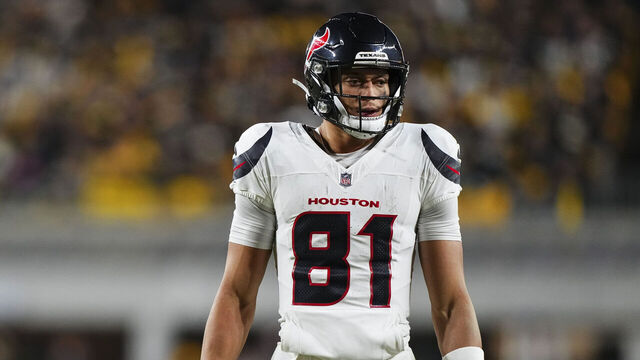 PITTSBURGH, PA - JANUARY 12: Jayden Higgins #81 of the Houston Texans looks on from the field during an NFL wild card playoff football game against the Pittsburgh Steelers at Acrisure Stadium on January 12, 2026 in Pittsburgh, Pennsylvania.