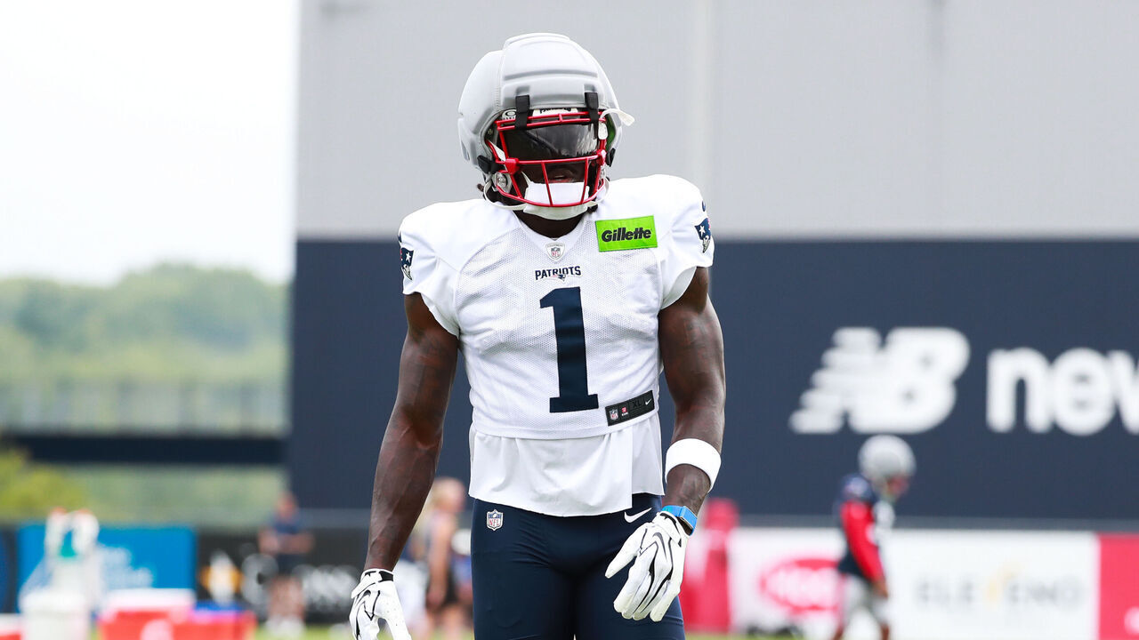 FOXBOROUGH, MA - AUGUST 06: A.J. Brown #1 of the New England Patriots on the field during New England Patriots training camp on August 6, 2026 at Gillette Stadium in Foxborough, Massachusetts.