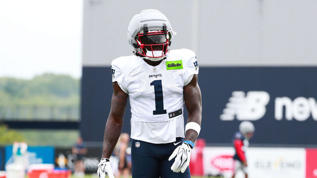 FOXBOROUGH, MA - AUGUST 06: A.J. Brown #1 of the New England Patriots on the field during New England Patriots training camp on August 6, 2026 at Gillette Stadium in Foxborough, Massachusetts.