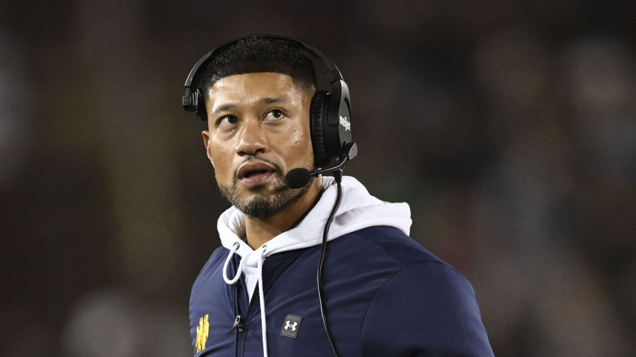 STANFORD, CALIFORNIA - NOVEMBER 29: Head coach Marcus Freeman of the Notre Dame Fighting Irish looks on against the Stanford Cardinal in the first quarter at Stanford Stadium on November 29, 2025 in Stanford, California.